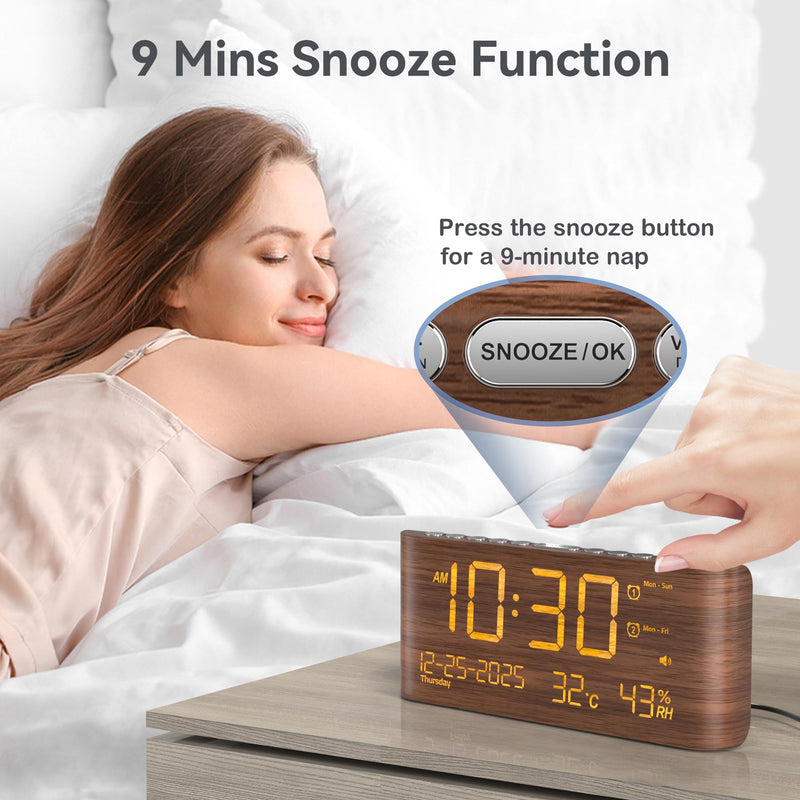 Mesqool Digital Alarm Clock for Bedroom with Date Temperature and Humidity, Dual Alarms，Loud Volume, USB and Type-C Charging Ports (Brown)