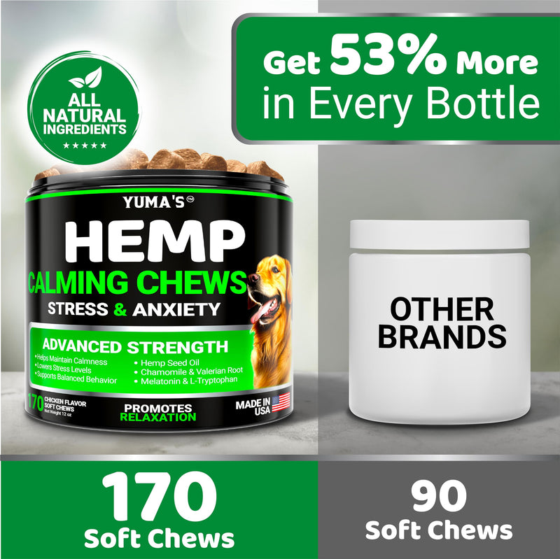 Hemp Calming Chews for Dogs - Advanced Dog Calming Chews - 170 Chews - Anxiety Relief Treats - Separation Aid, Barking, Stress Relief, Thunderstorms - Melatonin - Hemp Oil - Made in USA Hemp Calming Chews