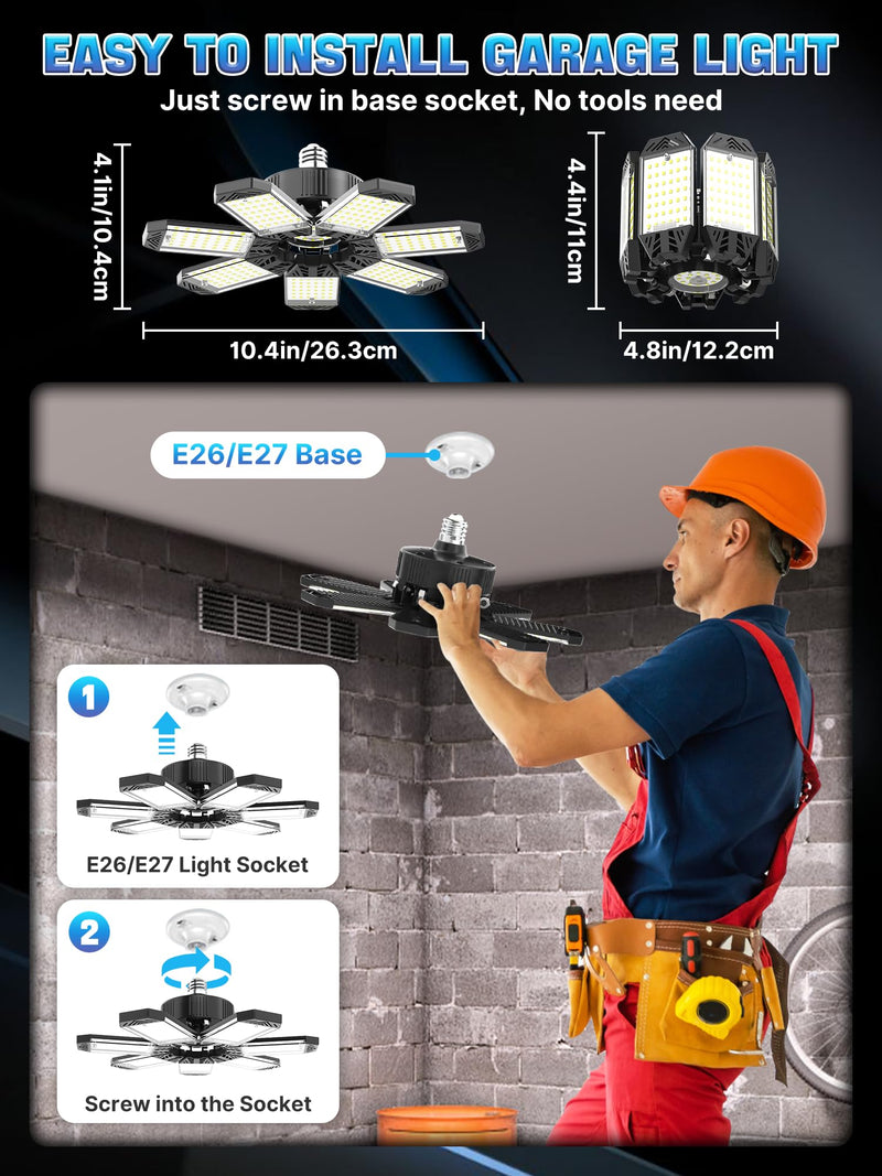 LED Garage Light 200W, Super Bright Garage Lights 20000LM Garage Lights Ceiling Led with 7 Adjustable Panels 6500K Led Shop Lights Screw in E26/E27 Bulb Socket for Garage Basement Lighting 1PC-200W