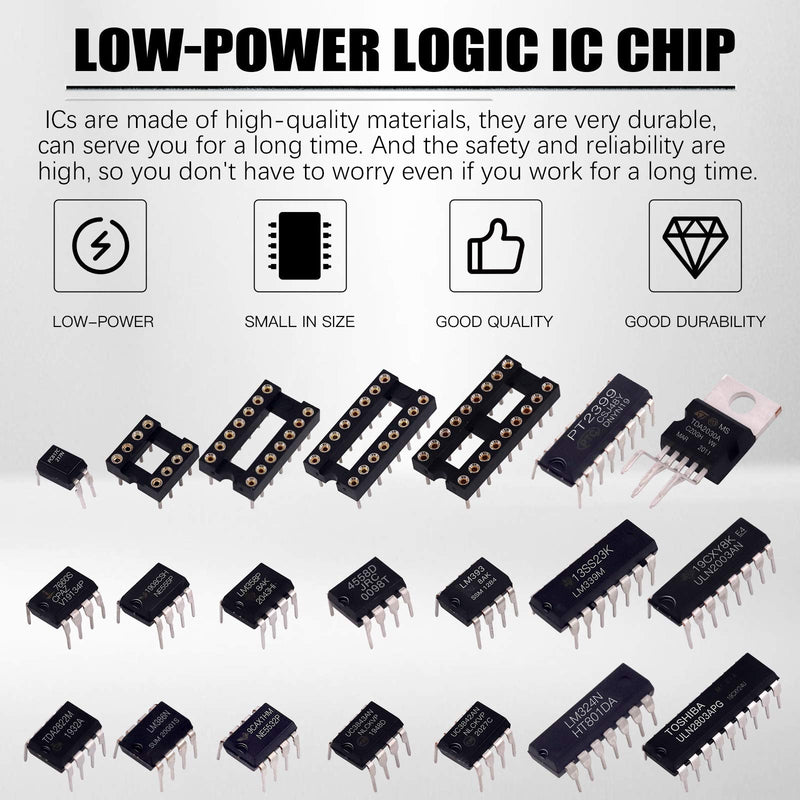 Glarks 169Pcs IC Chip Assortment opamp, oscillator, pwm, PC817, NE555, LM358, LM324, JRC4558, LM393, LM339, NE5532, LM386, TDA2030, TDA2822, PT2399, UC3842, UC3843, ULN2003, ULN2803