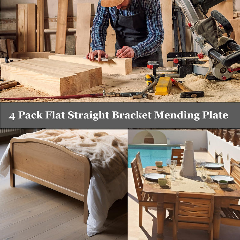 4 Pack Flat Straight Bracket Mending Plate for Wood Stainless Steel Straight Brackets 125mm / 4.9" Wood Brace with Screws Silver, 4.9 Inch