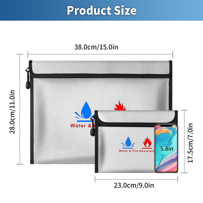 Fire-resistant document pouches, including a set of fire-resistant wallet security pouches, measuring 15 x 11 in and 9 x 7 in, with a non-irritating silicone coating, for Money, Documents and Passport