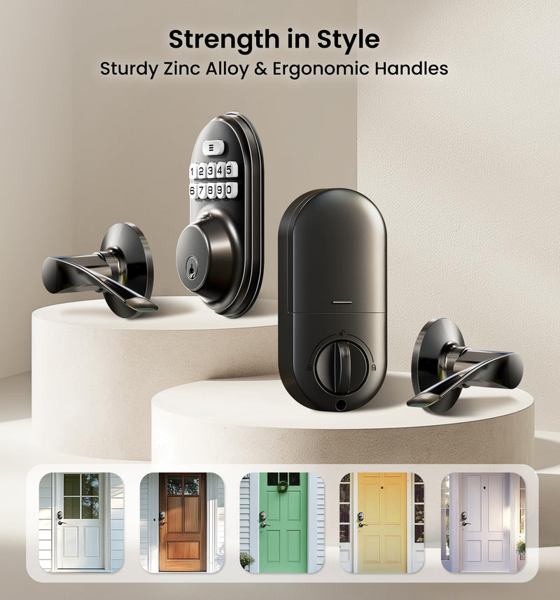 Veise Keyless Entry Door Lock with 2 Lever Handles - Electronic Keypad Deadbolt, Auto Lock, Back Lit & Easy Installation Design, Front Door Handle Sets, Matte Black