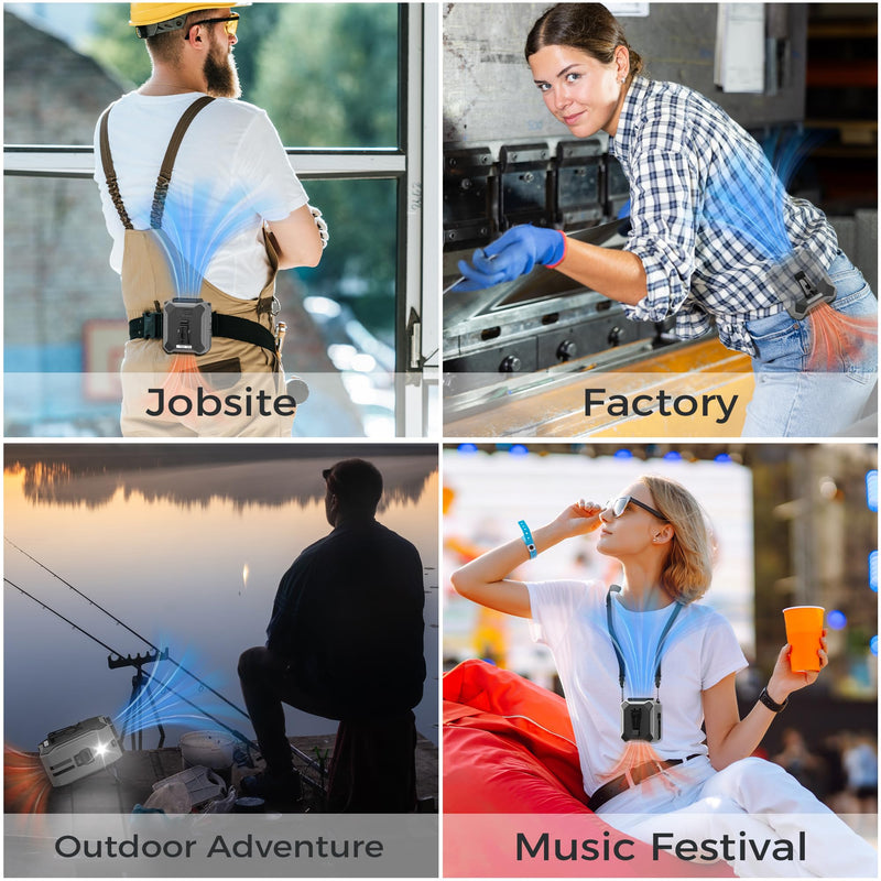 Portable Waist Fan with Built-in Charging Cable, 10000mAh Rechargeable Battery, 3 Speeds Up to 25H Cooling, LED＆Emergency Light, Personal Wearable Fan Clip on Belt for Outdoor Camping Travel Jobsite