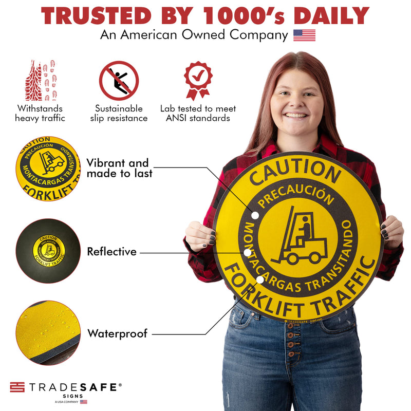 TRADESAFE Bilingual Caution Forklift Traffic Anti-Slip Floor Sticker - Precaución Montacargas Transitando Caution Sign, Peel and Stick Adhesive Vinyl Sign, ANSI-Compliant, 17” Diameter Round Sticker - NewNest Australia