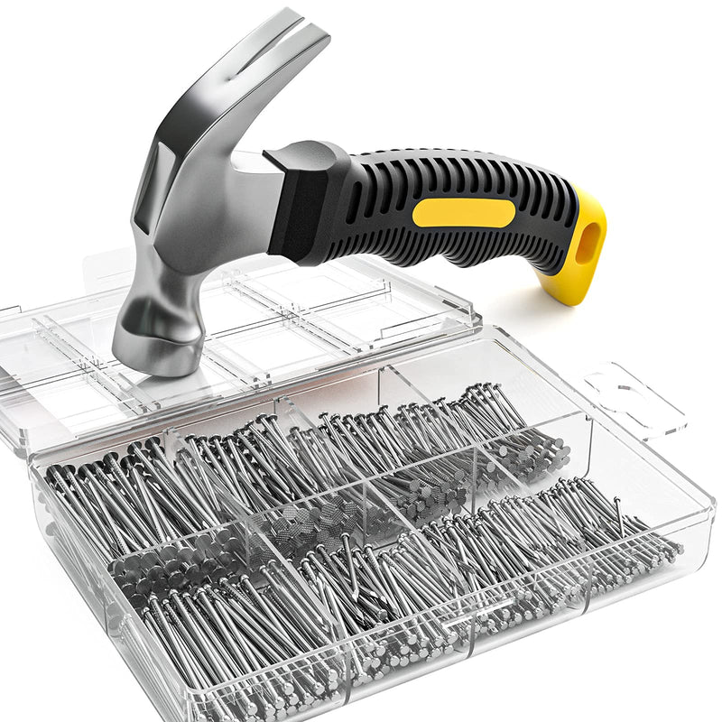 INCLY 620 PCS Small Nails for Hanging Pictures Assortment Kit with 8oz Claw Small Hammer, Mini Hammer Set with Hardware Nails Assorted Set 310 Wall Nails & 310 Finish Nails for Installing with Case Yellow - NewNest Australia