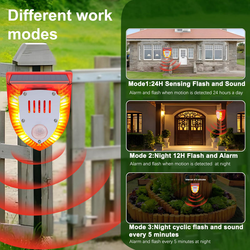 Solar Outdoor Motion Sensor Alarm - Dog Barking&Gunshot Sound 129db, Light Strobe Light Warning Lamp with USB, Motion Detector Noise Maker Warning Lamp for Home, Villa, Farm, Barn, Yard (2 Pack) Induction & Dog Gun 2PCS