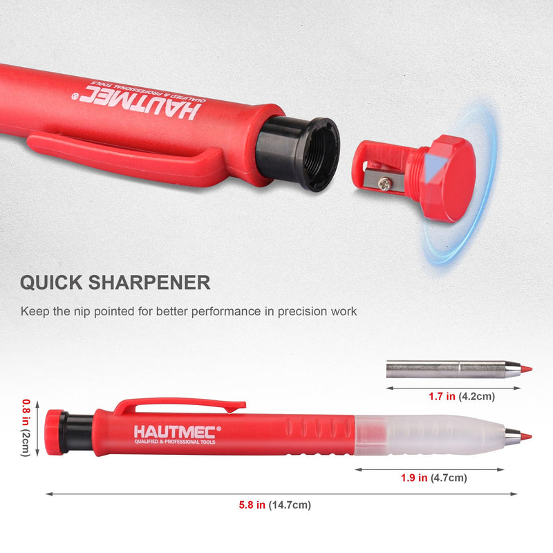 HAUTMEC 2 Pcs 3-in-1 Carpenter Pencils with Removable Finger Grip, Built-in Sharpener and 7 Leads (3 Colors), Mechanical Construction Pencil for Deep Marking Scribing, Pro Tracer Pencil, HT0293-2 2PC