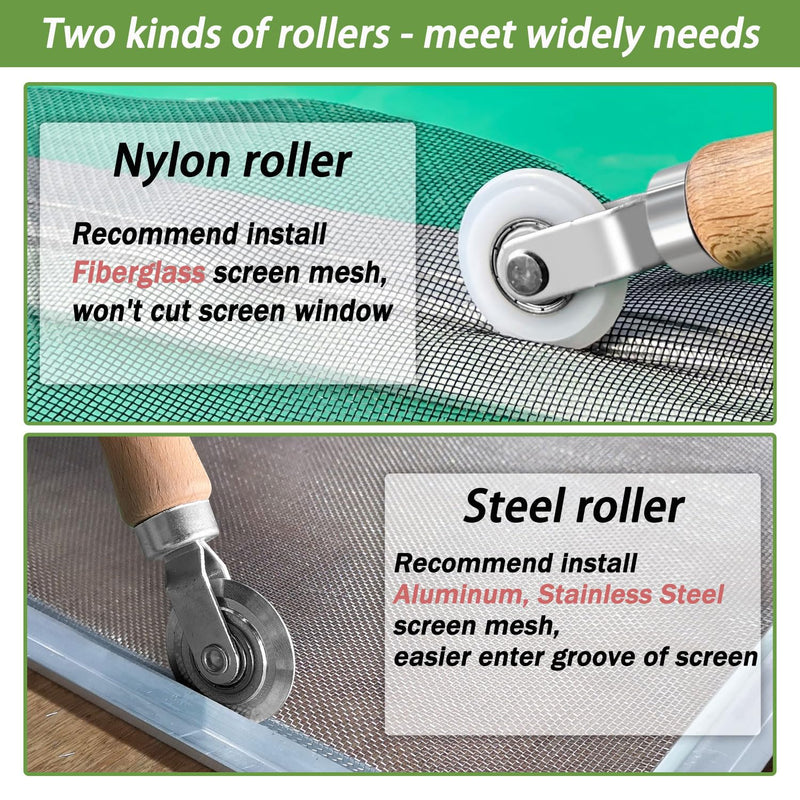 Screen Roller Tool, King&Charles Screen Spline Tool, Spline Roller, Steel/Nylon Roller with Bearing + Removal Hook, 3in1 Window Screen Door Repair Kit, for Installing Door Window Mesh