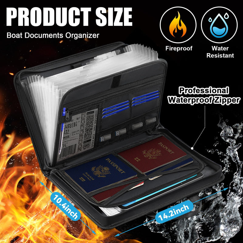 TaoBary Boat Document Organizer with 13 Pockets, Large Waterproof Document Holder, Fireproof Expanding File Folder, Water Resistant Boat Registration Holder Gift for, Shipper, Keep Safe, Organized