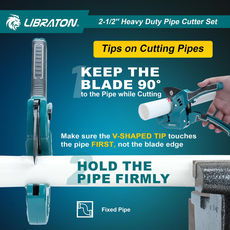Libraton PVC Pipe Cutter, Up to 2-1/2", Ratchet Pipe Cutter Tool for PEX, PVC, PPR Plastic Hoses Plumbing, Heavy-Duty Pipe Cutter with Deburring Tool Replacement Blade, 2 Adjustable Cutting Ranges 2-1/2"(63mm)