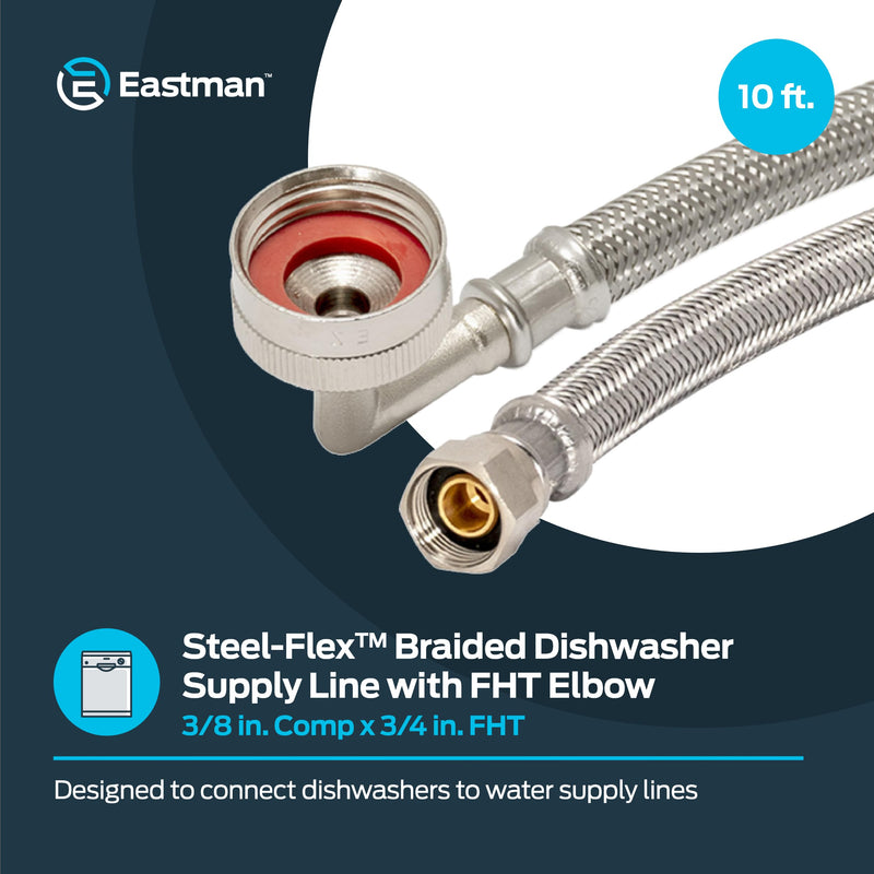 Eastman 10 foot Dishwasher Supply Line, 3/8 Inch Compression x 3/4 Inch FHT Elbow, Braided Stainless Steel Dishwasher Connectors, 41015 10 Ft.