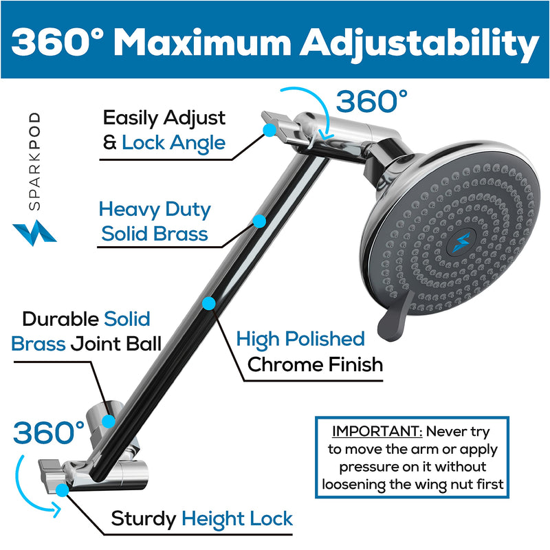 SparkPod 11" Solid Brass Shower Head Extension Arm - Flexible Height & Angle Adjustable Shower Arm Extension for Rain Showerheads with Sturdy Lock - Universal Pipe Connection (Luxury Polished Chrome) 11 Inch Adjustable 1 - Luxury Polished Chrome