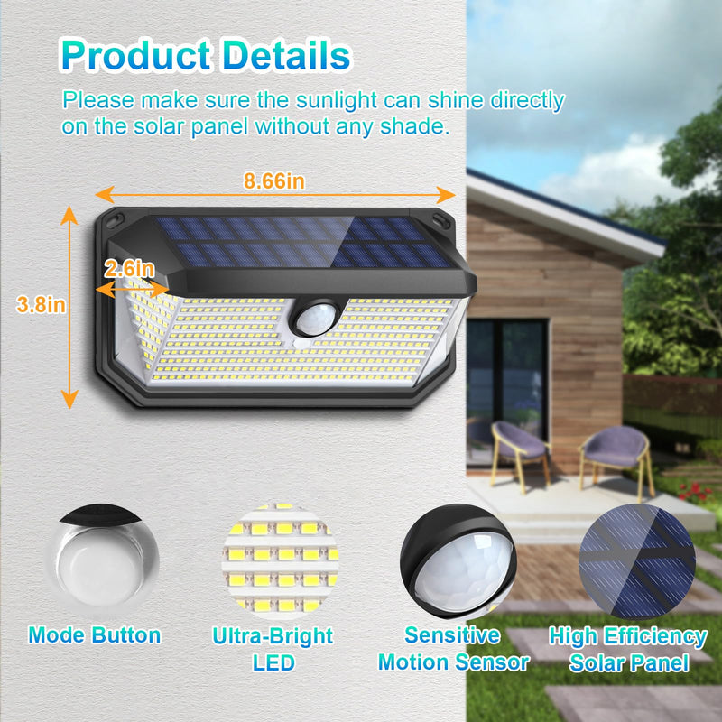 Solar Outdoor Lights, 4000LM 388 LEDs Motion Sensor Outdoor Light, IP65 Waterproof Solar Powered Outside Lights with 270° Wide Angle & 3 Modes, Exterior Flood Security Lights for Patio Garage, 2-Pack