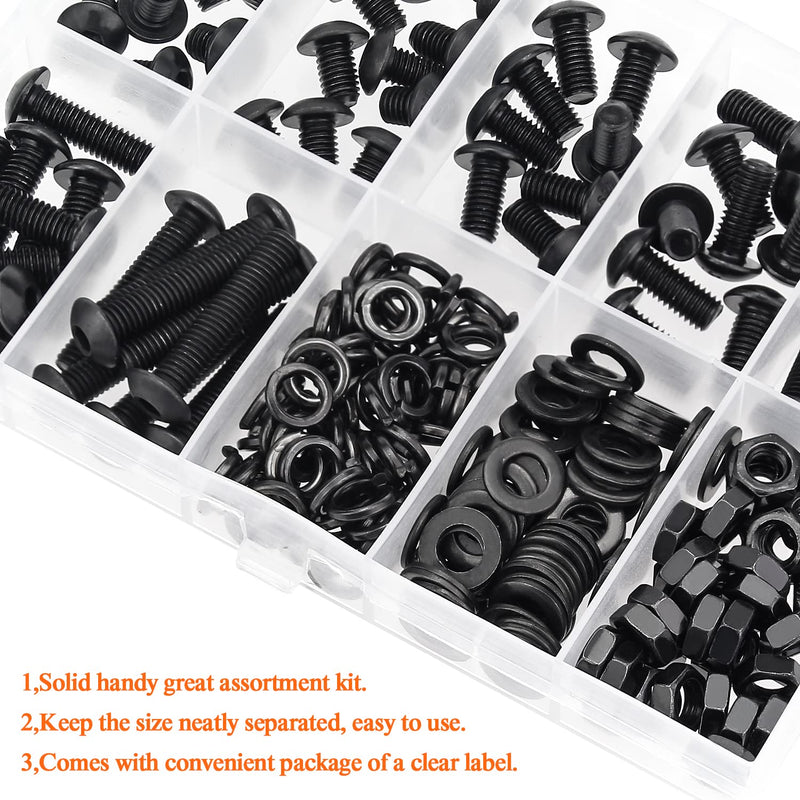 240 Pieces M5 x 6mm /8mm /10mm /12mm /16mm /20mm /25mm, Button Head Socket Cap Screws Bolts Washers Nuts Kit, 10.9 Grade Alloy Steel, Full Threaded, Black