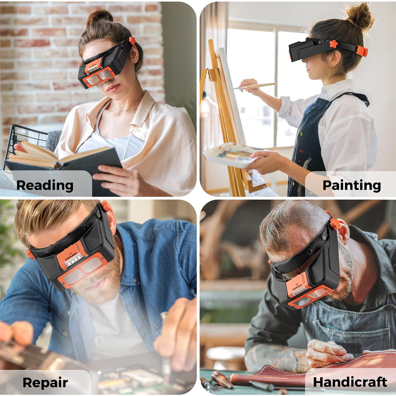 Headband Magnifier with Light, Rechargeable Magnifying Glasses for Close Work, 1.5X - 3.5X Magnify Headset with 4 Lenses, Jewelers Magnifying Glass Loupe Visor for Repair,Crafts, Hobby Orange