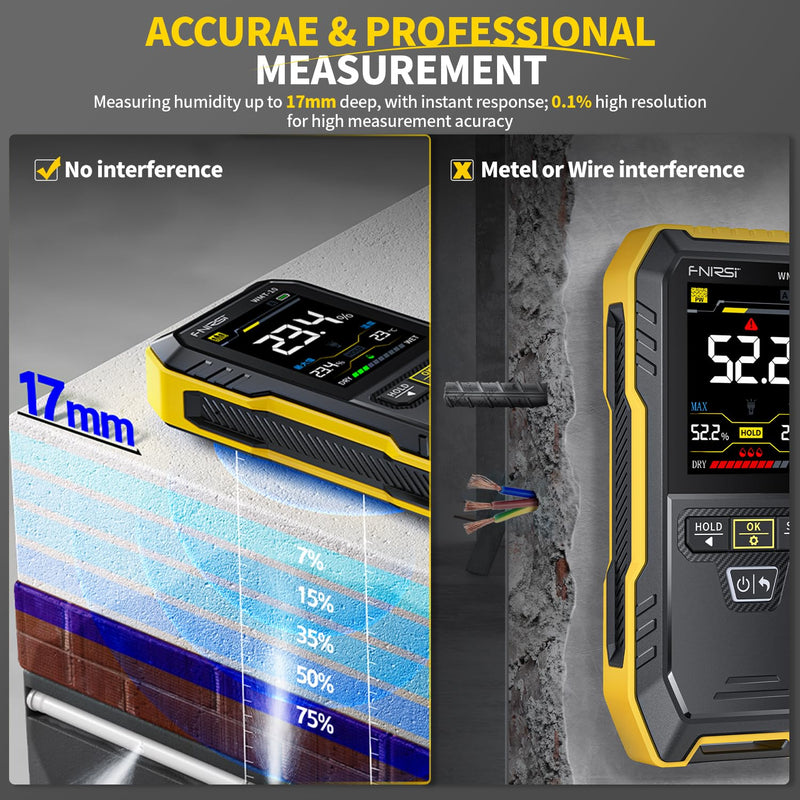 FNIRSI WMT-10 Rechargable Wood Moisture Meter, Pinless Moisture Meter for Wood, Firewood, Wall, Support Data Hold and Record, Flashlight, Humidity Detector for Lumber Concrete Building