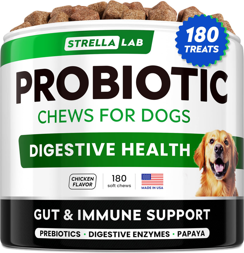 STRELLALAB Dog Probiotics Chews for Gut Support & Digestive Health with Enzymes - Anti Diarrhea and Upset Stomach Immune Supplement - Digestion Treats with Fiber and Prebiotics (180Ct, Chicken) 180Ct (Chicken) Probiotic Chews