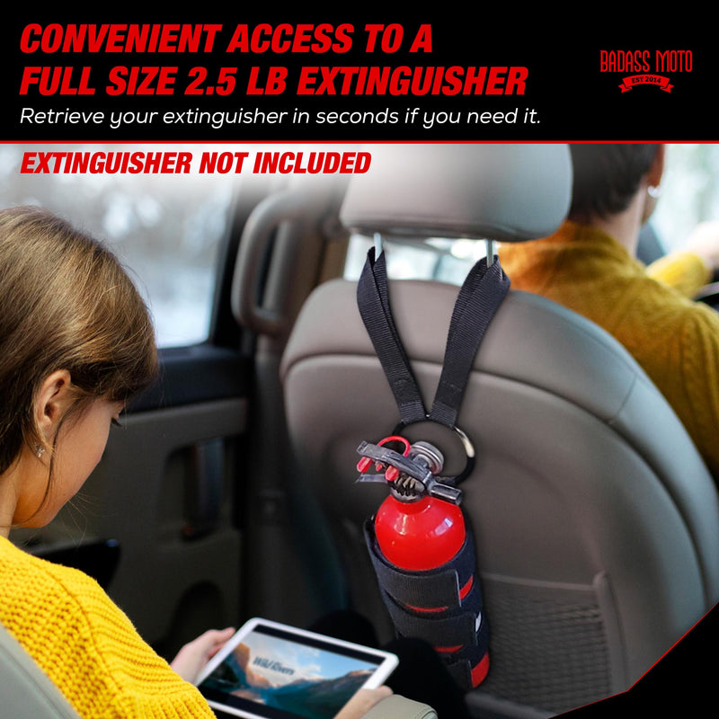 Badass Moto Car Fire Extinguisher Mount Truck SUV. Universal Automotive Fire Extinguisher Mount for Vehicle Car Seat. Fits Jeep Fire Extinguisher Holder, Quick-Strap Easy Install, No Tools Needed.