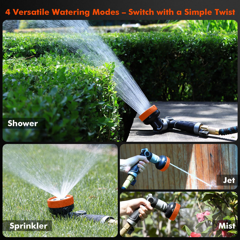 RESTMO Multi-Angle Garden Hose Nozzle with Sprinkler Function, Heavy Duty Water Hose Nozzle with 4 Spray Patterns, Magic Twist and Thumb Flow Control for Garden Watering, Car Washing & Yard, Orange 1