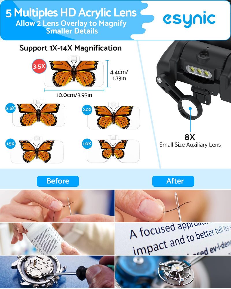 eSynic Type-C Rechargeable Magnifying Glasses Headset-Up to 14X Magnification-5 Interchangeable Lens-3 LED Lights -2 Adjustable Brightness Levels-Comfort & Fit Headband Magnifier for Crafts/Reading