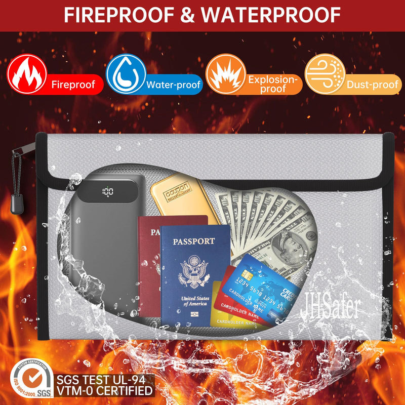 Fireproof Money Bag, Fireproof Bag with Zipper, Explosion-Proof Portable Safe Bag for Cash, Passport, Valuables, Currency & Keys, Power Bank, Phone (Silver & Black Bag, 10.6 x 6.3 inch) Silver & Black Bag