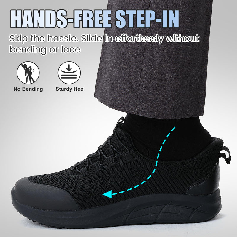 Work Shoes for Men and Women, Non-Slip Oil-Resistant Kitchen Shoes, Hands-Free Slip-On Arch Support Chef Food Service Sneakers, Breathable Lightweight Black Standing All Day Safety Shoes 11.5 Wide Women/9.5 Wide Men