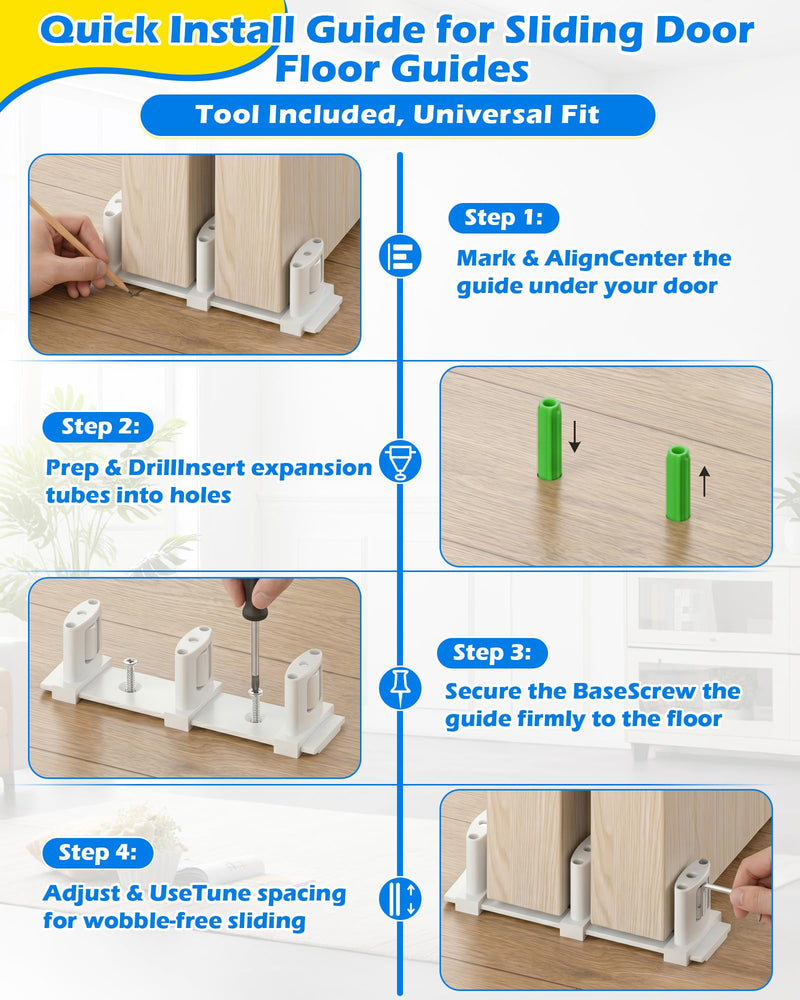 IWIWE Sliding Door Floor Guide, White Bypass Door Guide, Adjustable 3-Roller Bottom Mount for Sliding Closet & Barn Doors Upgrade Kit (4 Pack) 4