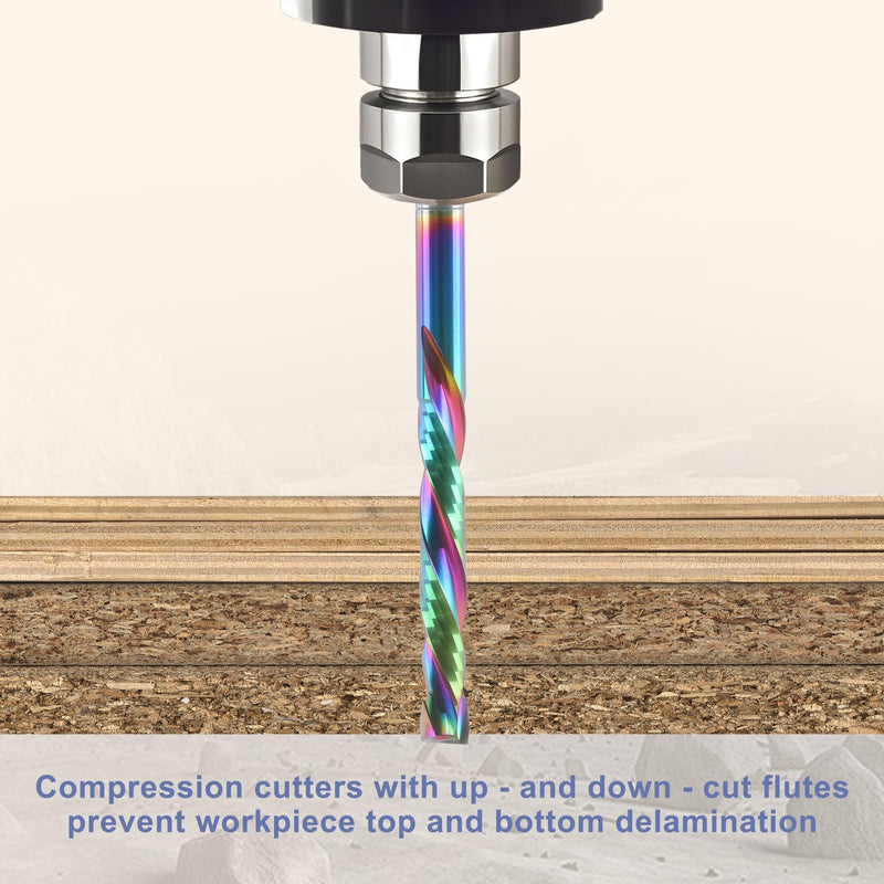5 Pcs Compression Router Bits 1/8 Inch Shank, 2 Flute Up & Down Cut End Mill, CNC Carbide Milling Cutter with DLC Coating for Engraving Milling 3D Sculpturing Roughing