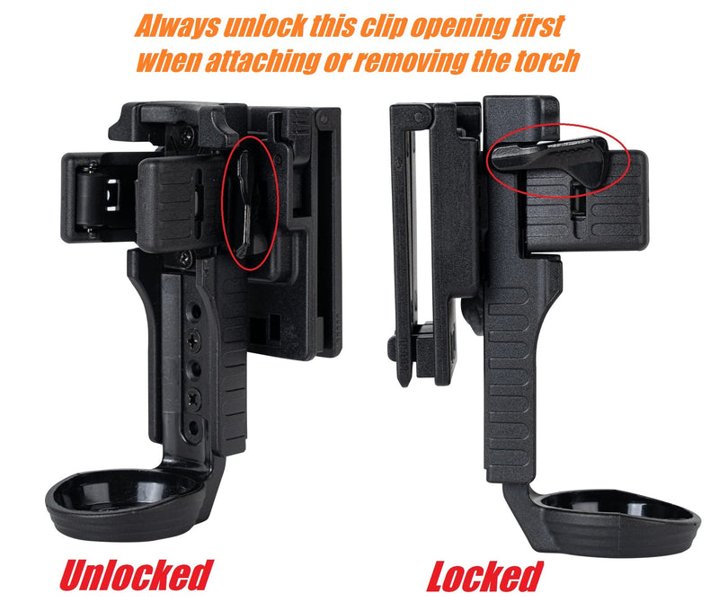 Quick Release Flashlight Holder w/MOLLE Vest Clip Tactical Torch Holster Carrier Rotatable Light Carry Case Stand fit 1"-1.25" Diameter Flashlight for Police Leo Security Military Patrol MOLLE Vest Clip