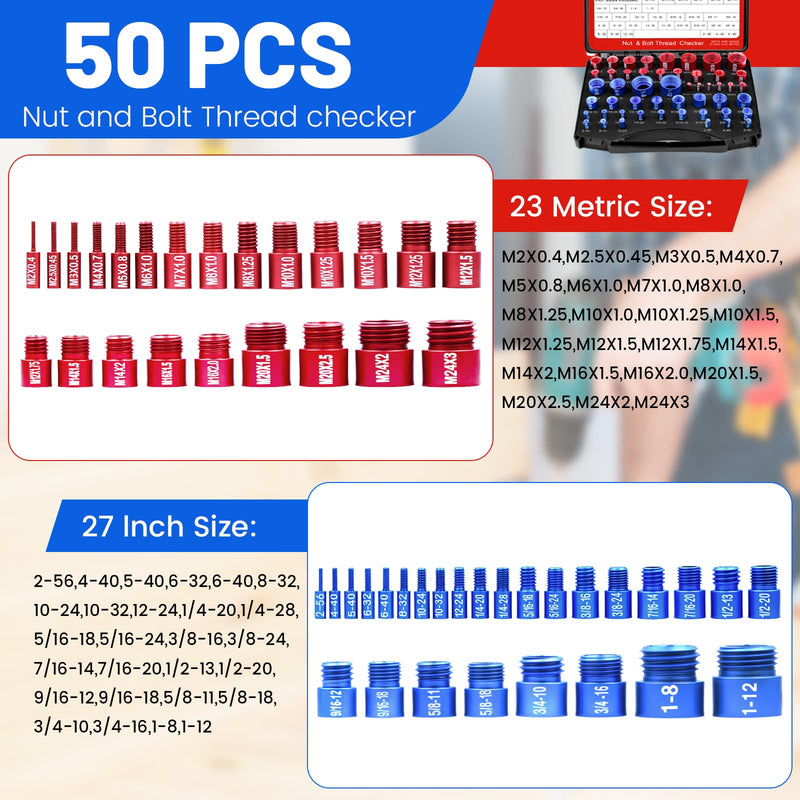 50PCS Thread Checker Kit – SAE & Metric Bolt Thread Checker, Nut & Bolt Size Finder Tool (27 SAE + 23 Metric) – Thread Gauge for Quickly Identifying Screw, Nut, and Bolt Sizes 50