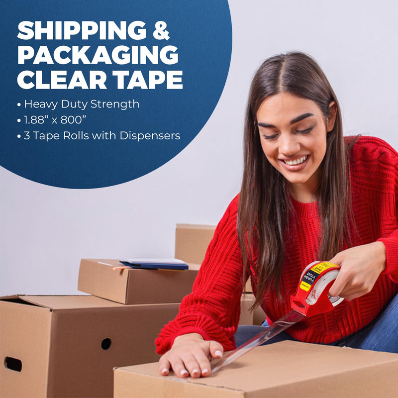 Heavy Duty Packing Tape with Dispenser 1.5" Core - 3 Rolls - Clear Shipping Tape for Boxes, Packaging, Mailing & Moving Supplies - 1.88 in. x 22.2 yd. Pack of 3