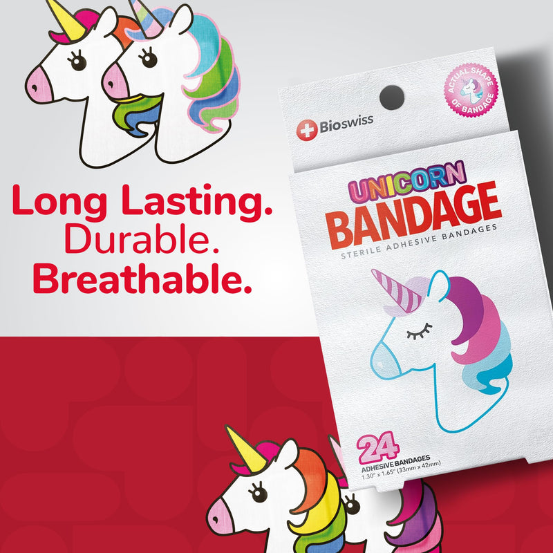 BioSwiss Bandages, Unicorn Shaped Self Adhesive Bandage, Latex Free Sterile Wound Care, Fun First Aid Kit Supplies for Kids, 24 Count 24 Count (Pack of 1)