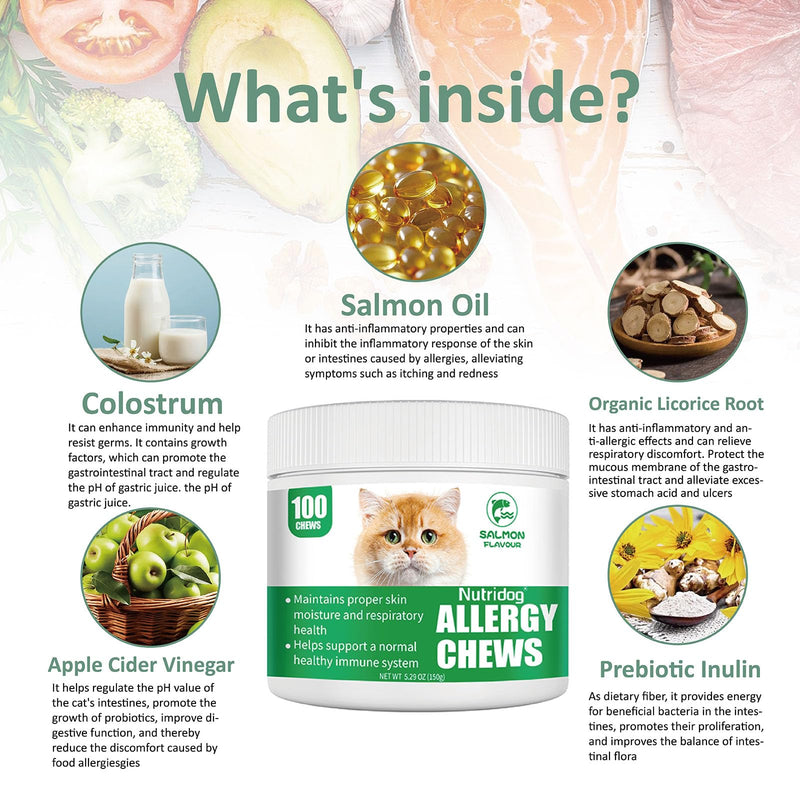 Cat Allergy Relief Chews for Seasonal Allergies - Itchy Skin, Sneezing & Paw Licking Remedy with Colostrum, Probiotics 300M CFU & Omega 3, Salmon Flavor Soft Chews, 100 Count Salomn
