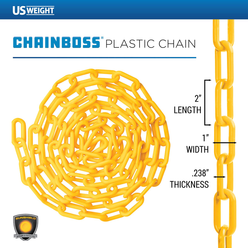 US Weight (Made in USA) 2" x 25' Yellow Plastic Safety Chain ft. SunShield UV Resistant Technology 25 FEET