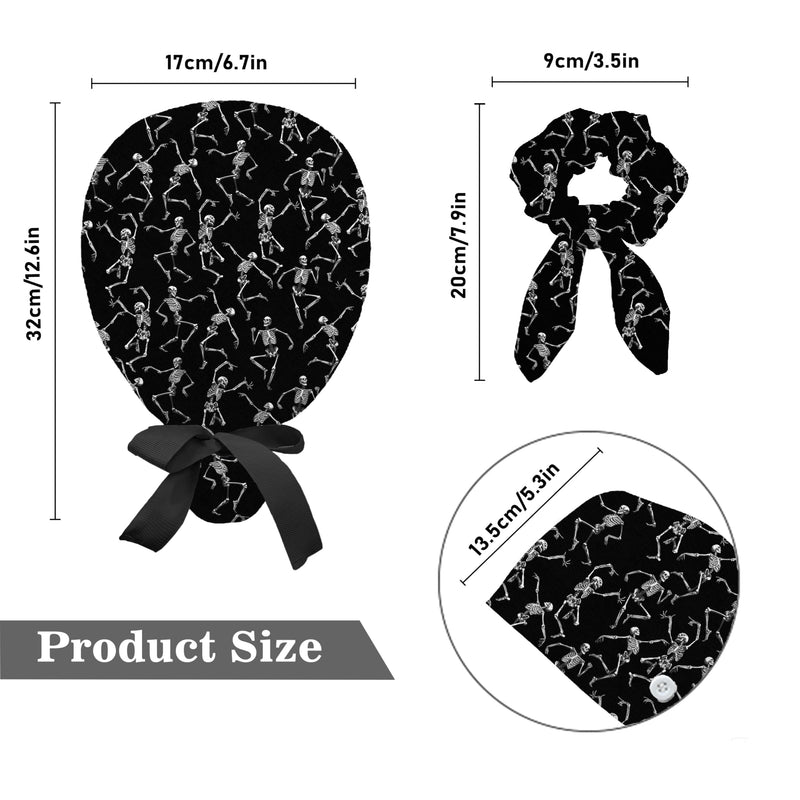 Ponytail Scrub Cap for Women - Surgical Caps with Breathable Fabric,Comes with a Matching Bow Scrunchie Hair Tie Black Skull
