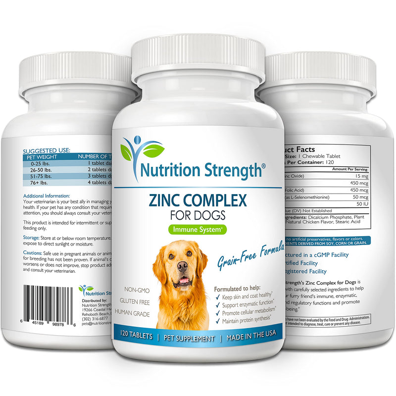 Nutrition Strength Zinc for Dogs to Support Healthy Skin & Coat, Promote Normal Growth, Balanced Immune Function & Cellular Metabolism, with Biotin, Folate, Selenium & Vitamin E, 120 Chewable Tablets - PawsPlanet Australia