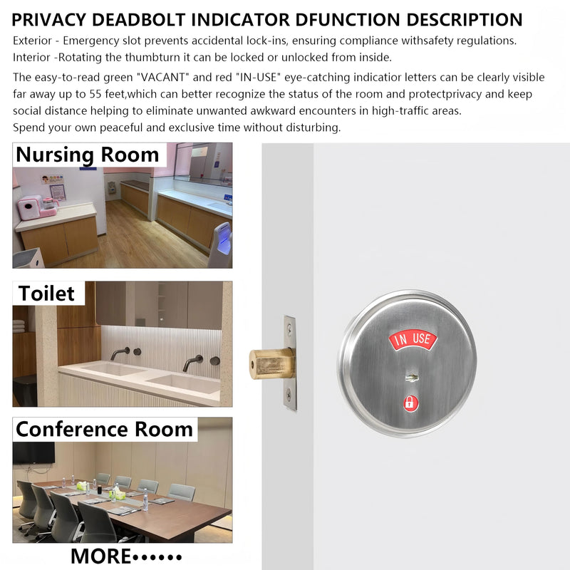 Stainless Steel Silver Indicator Deadbolt Privacy Door Lock Commercial Grade-2 60/70MM Backset Clear IN-USE Or VACANT For Public Restrooms Toilets Hospitals Offices (Stainless Steel Silver) Stainless Steel Silver