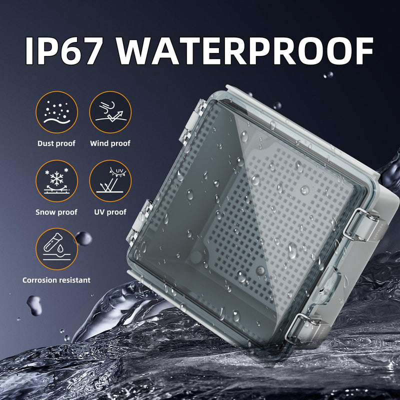 Joinfworld 6x6x4 Outdoor Electrical Box Weatherproof Junction Box Plastic Clear Waterproof Box Enclosure Nema 4 for Electronics Project WiFi Timer Conduit Marine Outside 5.9"x5.9"x3.5" Clear