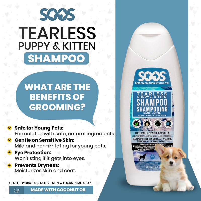 Soos Pet Tear-Less Shampoo for Puppies and Kittens | Natural Dead Sea Minerals | Fast Absorbing, Moisturizing, Gentle Skin Care | Vitamins & Essential Oils for Sensitive Skin - 500ml - PawsPlanet Australia