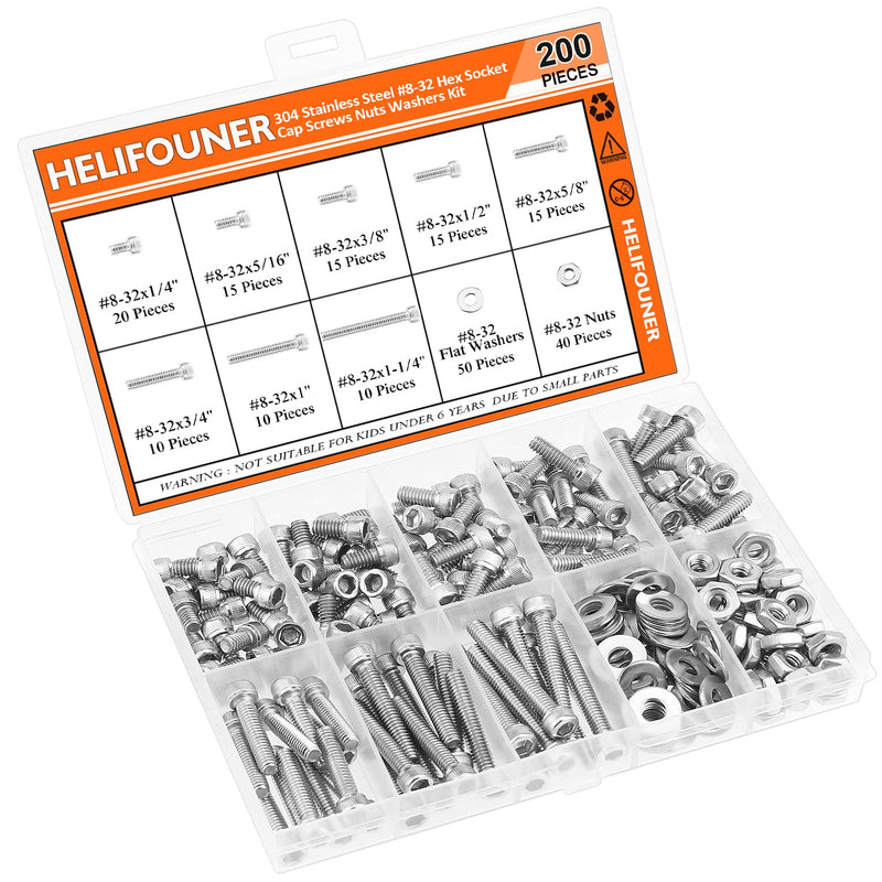 200 Pieces #8-32 x 1/4" 5/16" 3/8" 1/2" 5/8" 3/4" 1" 1-1/4", Hex Socket Head Cap Screws Bolts Washers Nuts Kit, Coarse Thread, Fully Machine Threaded, 304 Stainless Steel