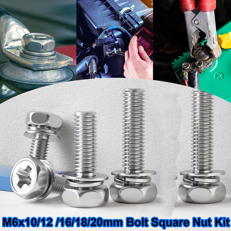 smseace 60Pack 304 Stainless Steel Battery Bolts and Nuts 5-Sizes M6x10/12/16/18/20mm ATV Battery Bolt Motorcycle Battery Terminal Screws with Square Nuts for ATV Battery Bolts and Nuts Square