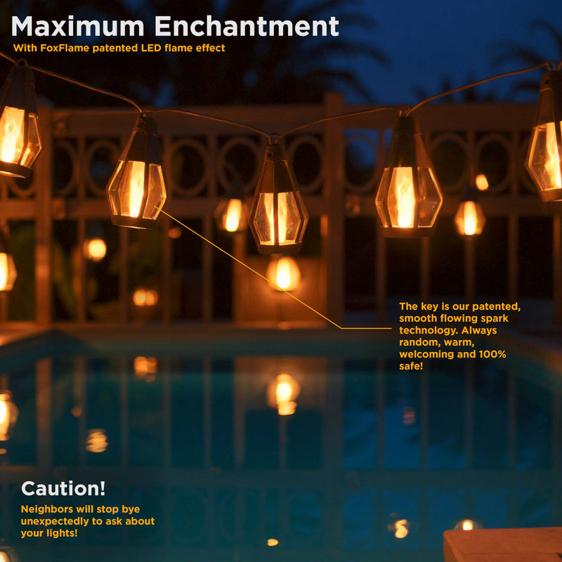 Solar String Lights Outdoor Waterproof - 10 Flickering LED Bulbs with Patented Flame Effect, 21 ft Solar-Powered Solar Hanging Lights Outdoor for Patios, Porches, Fences, Gardens & Decorative Ambiance