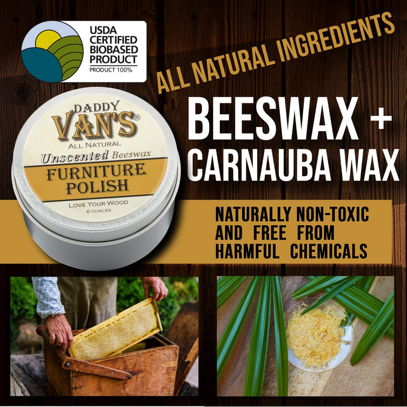 Daddy Van's All Natural Unscented Beeswax Furniture Polish - Food Safe Wood Conditioning Salve Nourishes and Protects Furniture, Cabinets, Antiques and Butcher Block Clear