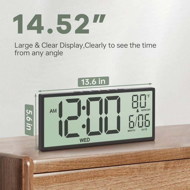 JALL 14.5" Large Digital Wall Clock Battery Operated with Big Digits LCD Screen Display, Day, Date, Alarm, Auto DST, Temperature for Living Room, Bedroom, Desk Decor, Mounted, Gift for Elderly Black