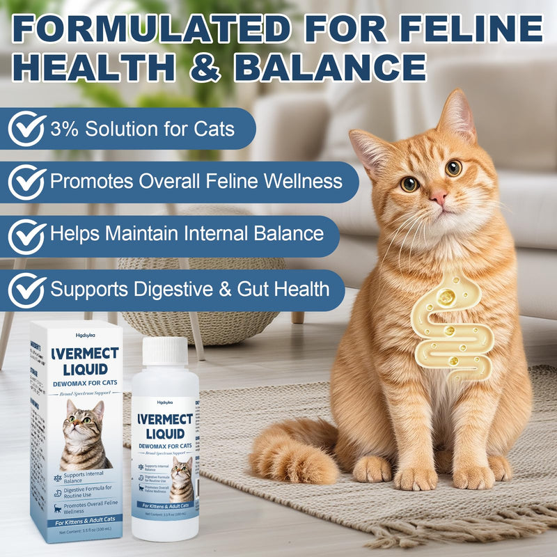 lvermect for Cat – Easy Daily Liquid Support for Cats, Dewomax for Digestive Balance and Internal Care, Gentle Formula for Kittens & Adult Cats, Easy to Administer - 100mL