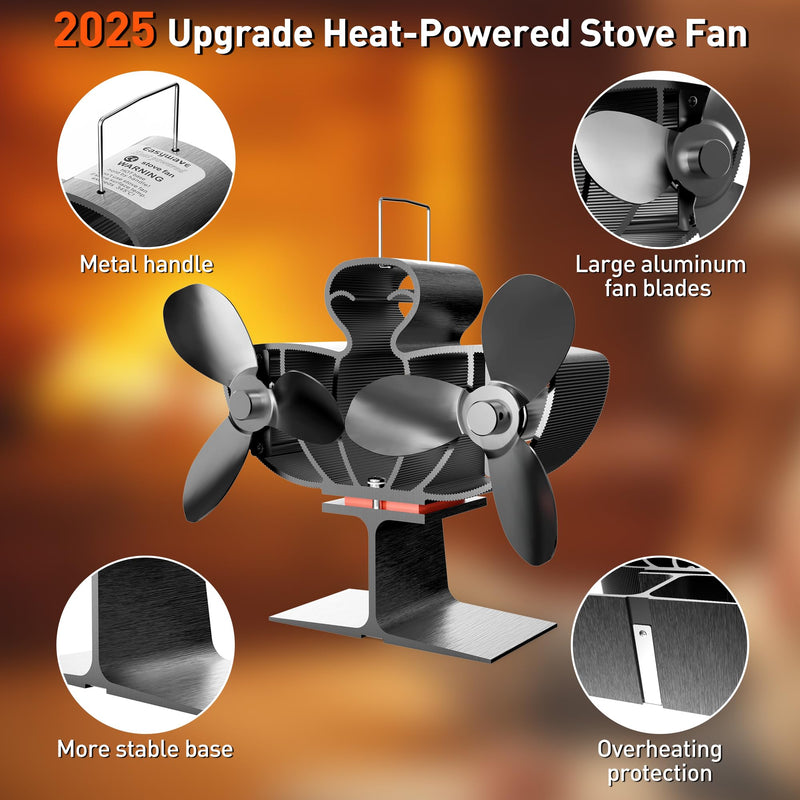 Wood Stove Fan Heat Powered, Dual Motor 6-Blade Fireplace Thermal Blower