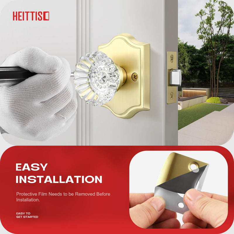 1 Pack Brass Combo Sets, Modern Gold Crystal Door Knobs Interior with Single Cylinder Deadbolt,Satin Brass Finished Deadbolt Set-1pack Satin Brass