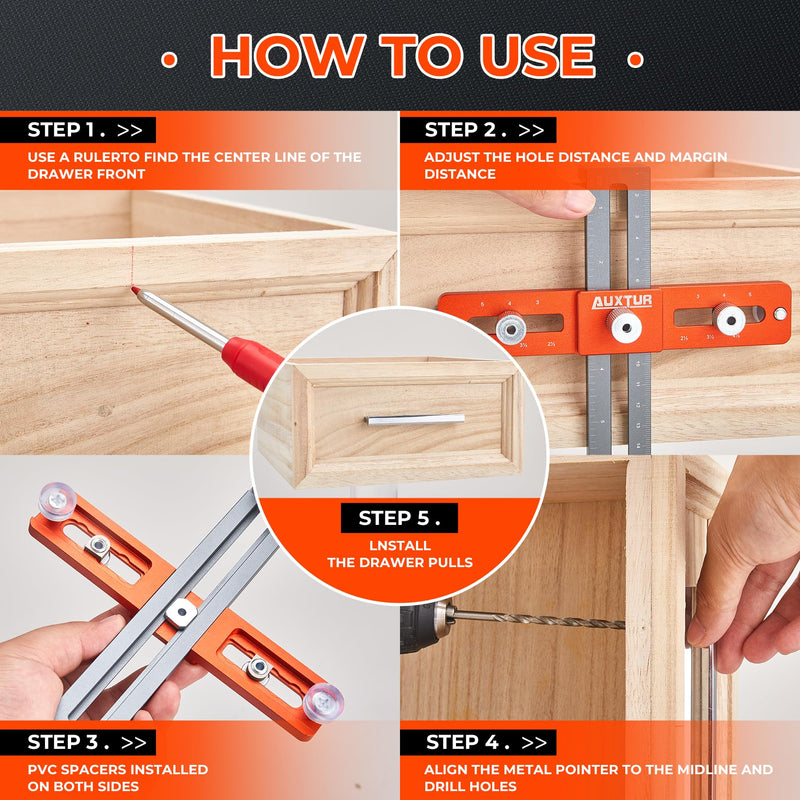 Cabinet Hardware Jig, Adjustable Cabinet Handle Template Tool with Alignment Hole, Punch Locator Drill Guide for Knobs,Handles and Pulls, Cabinet Template Tool for Drawer Cabinet Installation