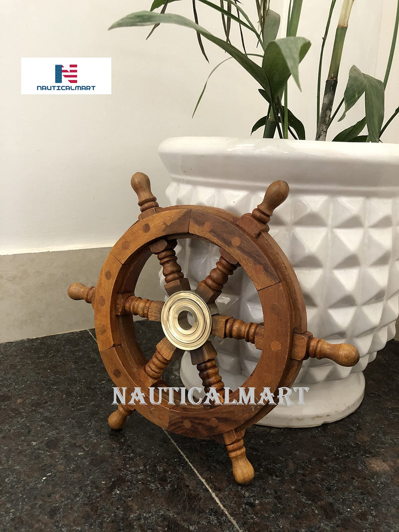 Captain’s Wooden Ship Wheel 12” – Handcrafted Wheel with Brass Ring & Hub, Nautical Wall Décor,Pirate and Beach-Themed Home or Office